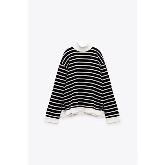 Zara Black White Striped Rib Trim Long Sleeve Mock Neck Pullover Sweater (NWT) - Picture 1 of 10